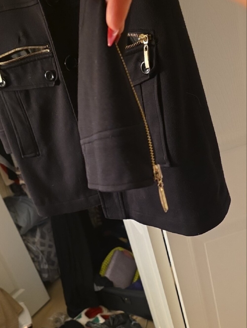 INC International Concepts Black Military-Style Pea Coat with Gold Zippers - Picture 5 of 9